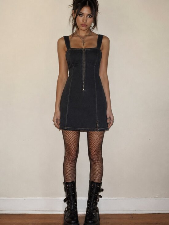 Hollister Dresses & Skirts - Hollister Dark Wash Denim Zip Front Mini Dress Size Small Y2K